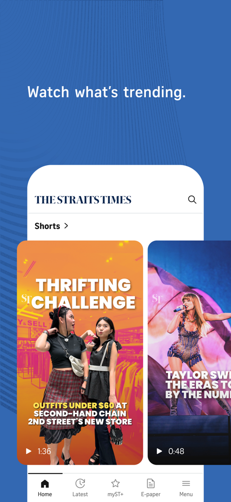 The Straits Times - The Straits Times mobile app interface displaying trending short-form video content.