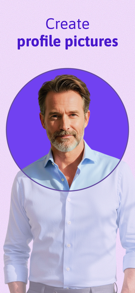A professional portrait of a man in a circular frame with a purple background for a profile picture