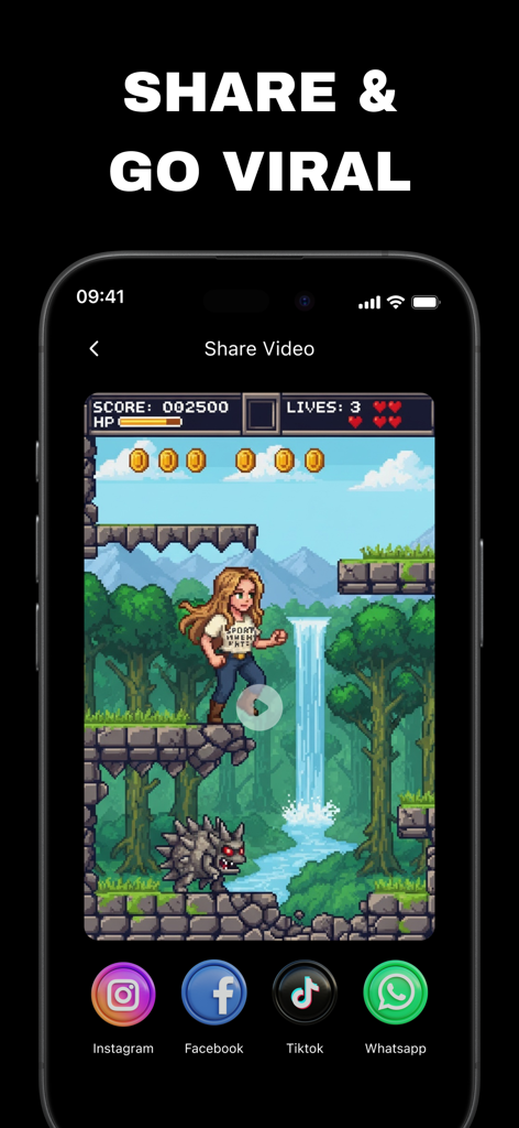 Flow AI - Video Generator - Écran de l'application Flow AI montrant une vidéo en pixel art et des boutons de partage sur les réseaux sociaux pour Instagram, Facebook, TikTok et WhatsApp