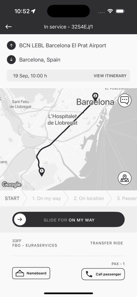 Interfaz de Acceso de Conductores Drivania que muestra una ruta de viaje desde el aeropuerto de Barcelona con un control deslizante de estado para chóferes profesionales.