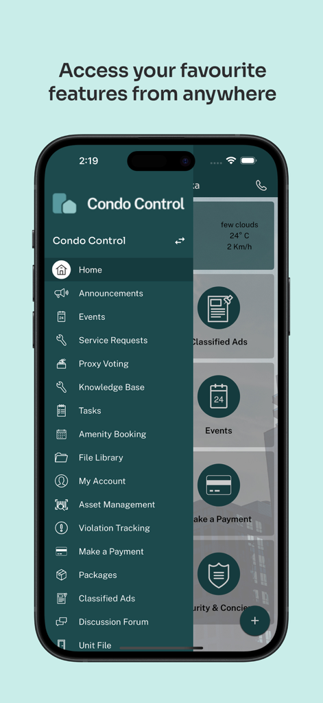 Condo Control App navigation menu showing resident and property management features like amenity booking and service requests.