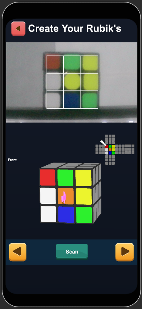 Easy 3x3 cube Solver - Easy 3x3 cube solver app interface showing the camera scanning a physical cube
