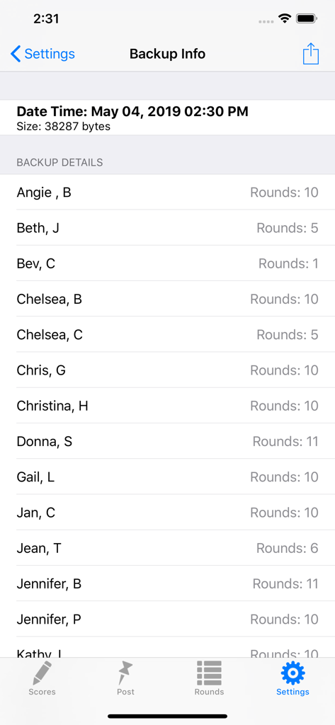 Screenshot of the Backup Info screen displaying a list of golfers and their recorded rounds for group management