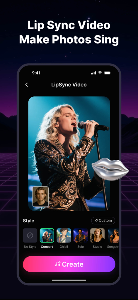 Tad AI Music Generator - Interfaz de la aplicación Tad AI Music Generator que muestra la función de video lip sync que convierte una foto en un video cantando con diferentes estilos como concierto y estudio