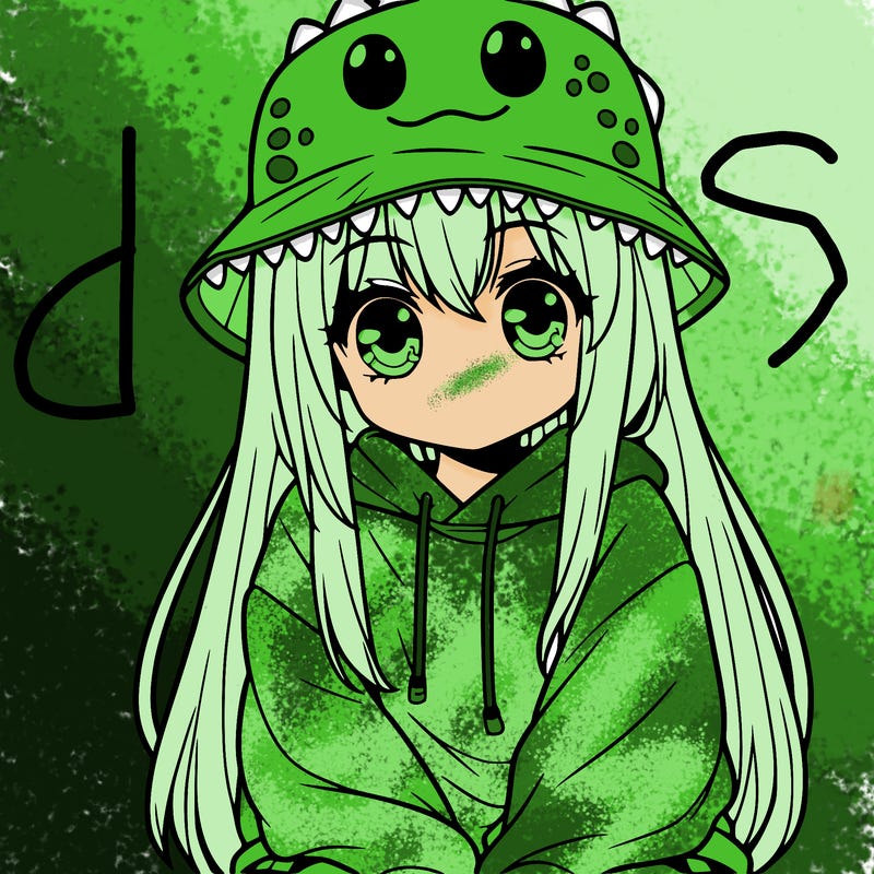 girl with anime shaped eyes with a dinosaur bucket hat oversized sweatshirt long straight hair