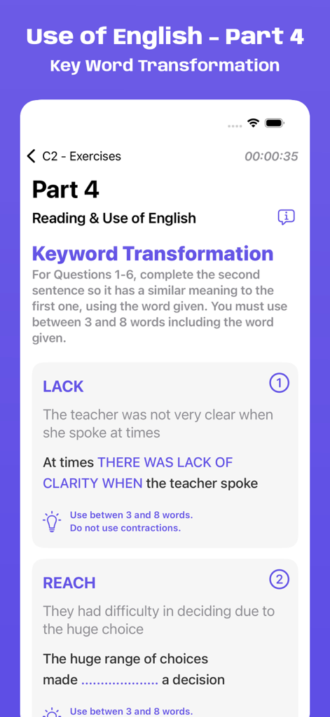 Simulatore d'Esame Cambridge C2 che mostra un esercizio di Key Word Transformation