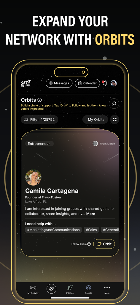 Mobile app interface for Sky's The Limit showing the Orbits feature to connect with entrepreneurs and mentors