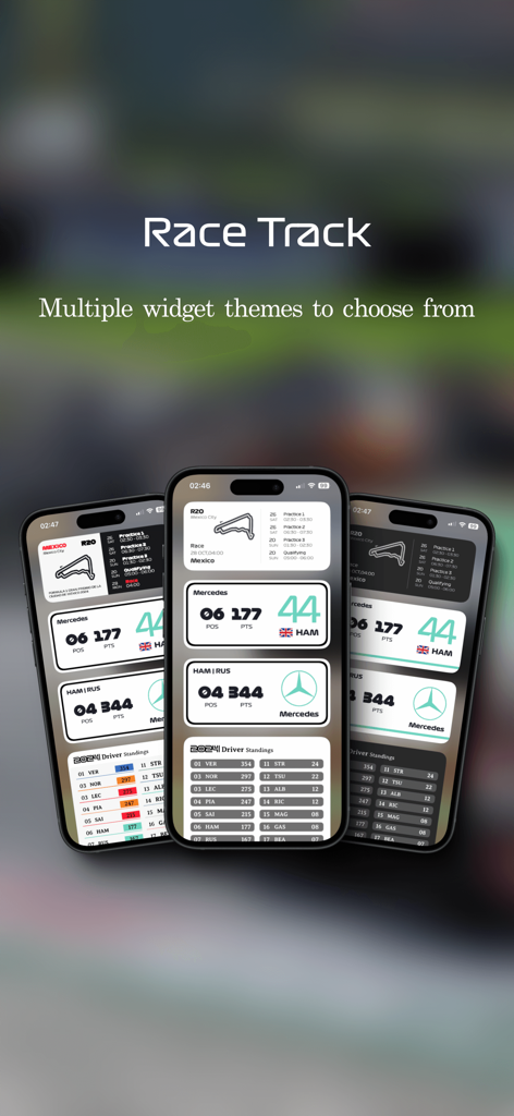 GP Time - Formula Widgets - Drei iPhones, die verschiedene Formel-1-Widget-Designs mit Rennstreckenlayouts und Fahrerwertungen zeigen