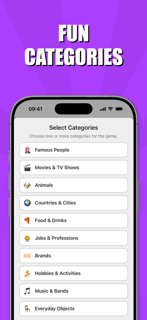 Imposter Who? - Word Game - Smartphone screen showing a list of word categories like Movies, Animals, and Food in the Imposter Who party game.