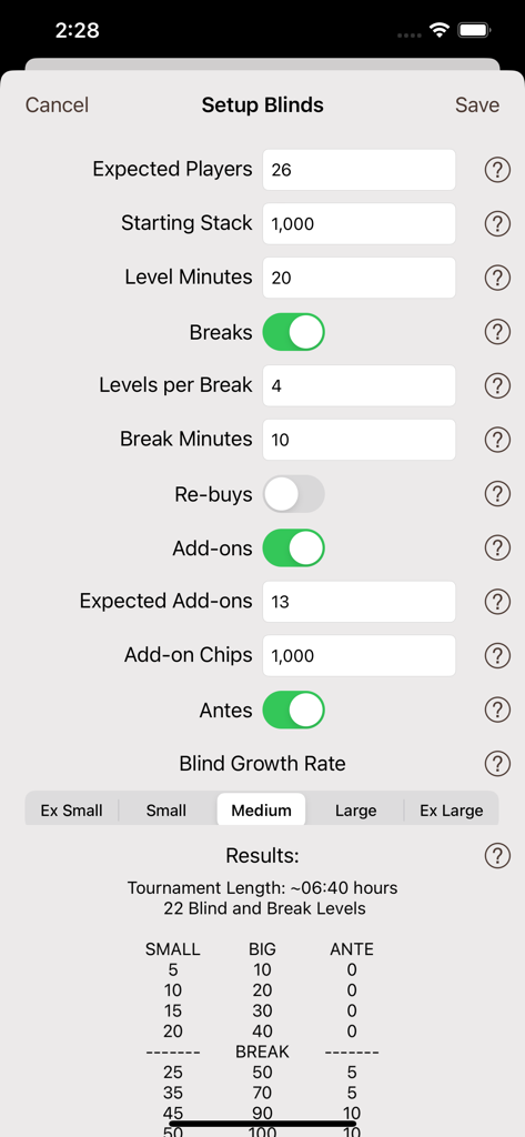 Setup screen for configuring poker tournament blinds and break schedules