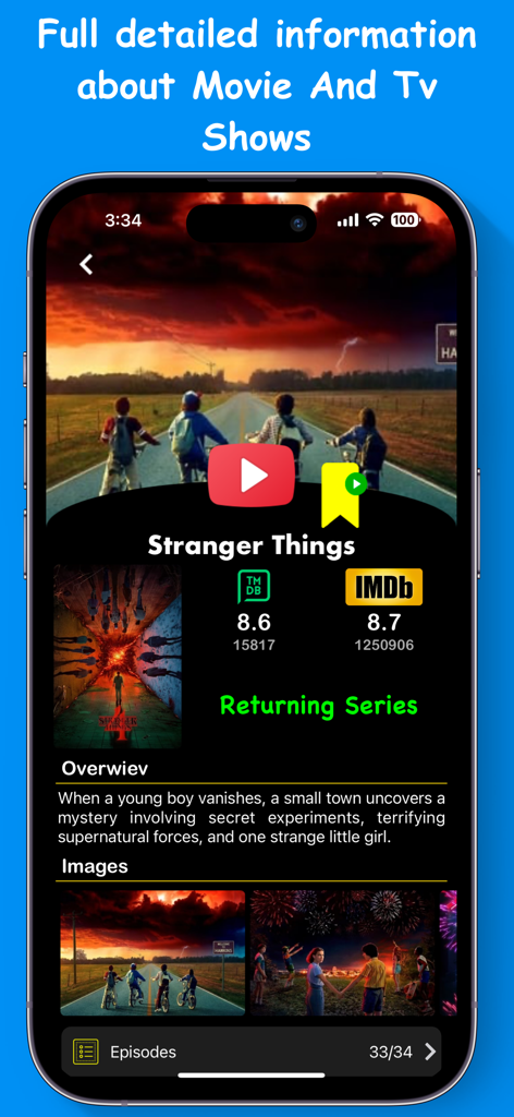 Movies Box & TV Show - Detailed view of a TV show in the Movies Box app showing ratings and overview