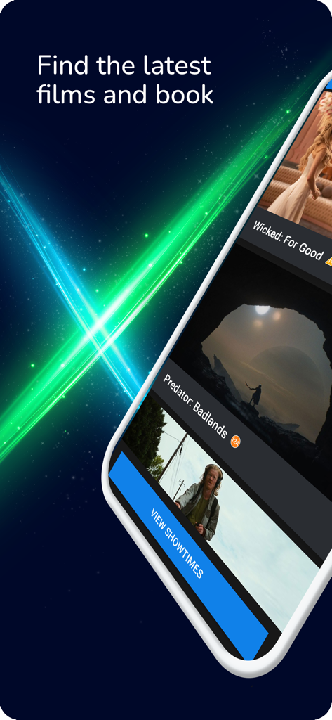 Interfaz de la aplicación móvil Odeon que muestra los listados de películas actuales y las opciones de reserva de horarios