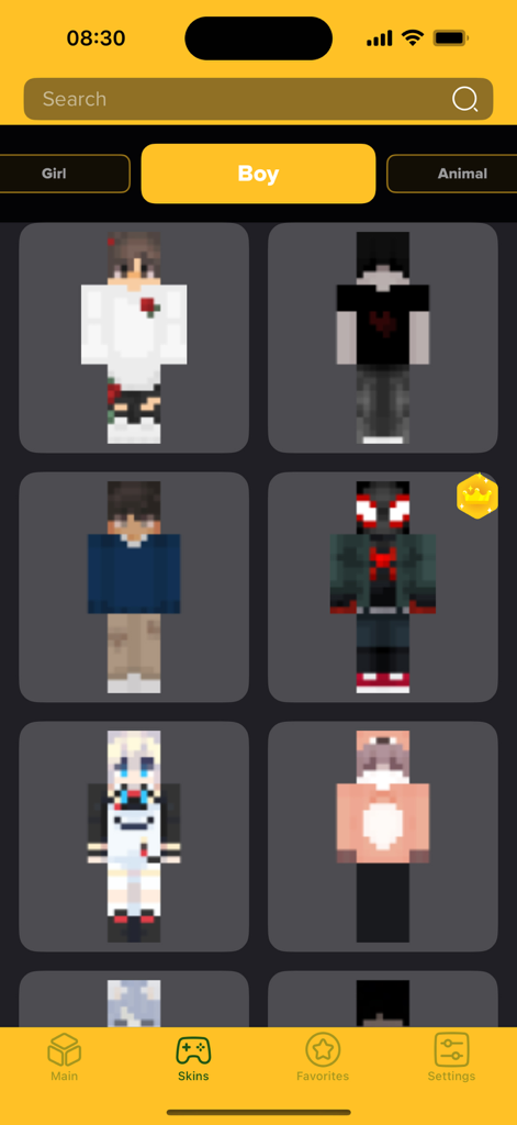Una colección de skins de chico de tendencia para Minecraft en la interfaz de la aplicación Nova Skins