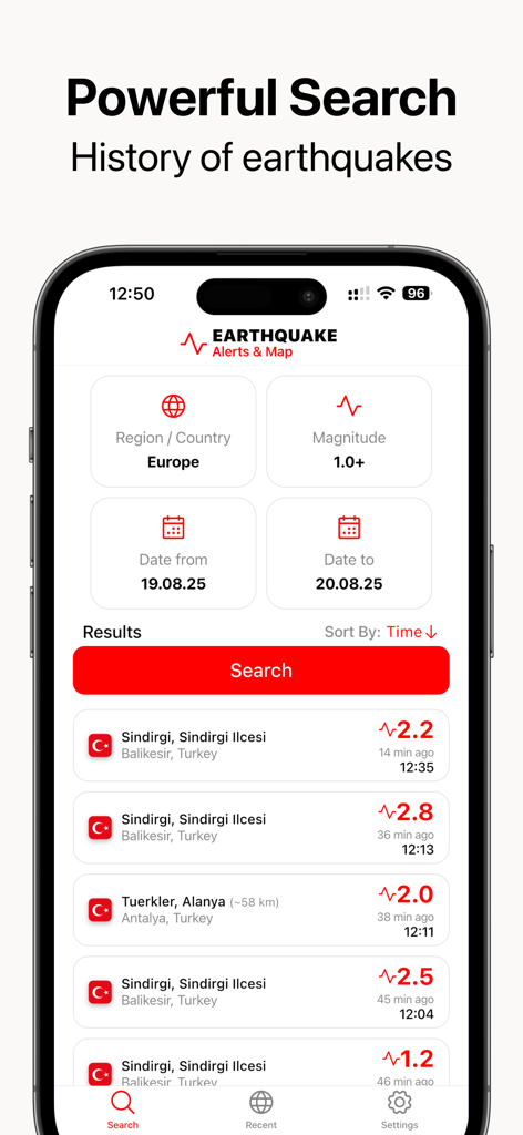 Earthquake Alerts Map: SeisMap - SeisMap app search interface showing earthquake history filters for region magnitude and date