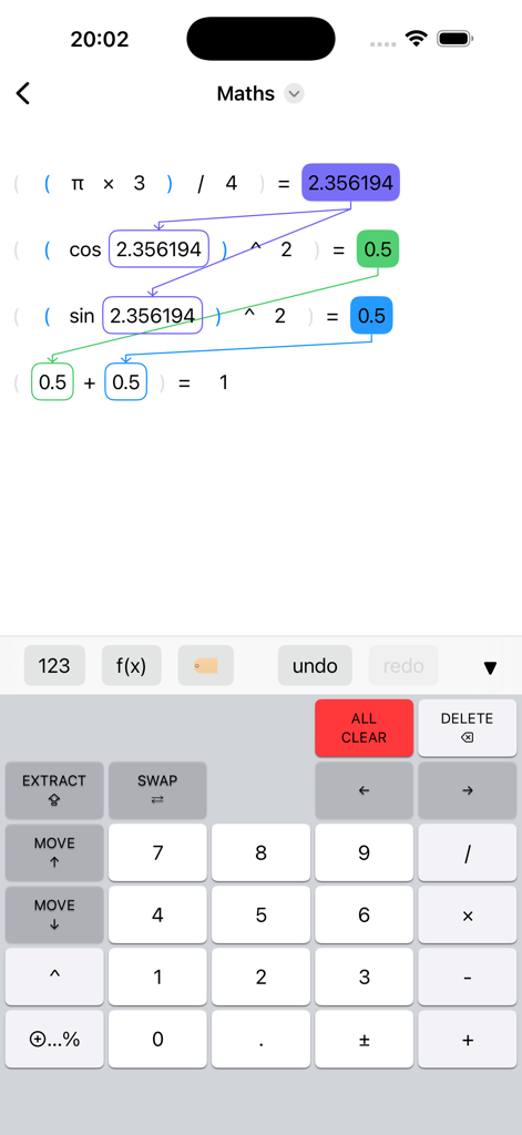 Caldy - Caldy app screen displaying linked trigonometric formulas with visual arrows