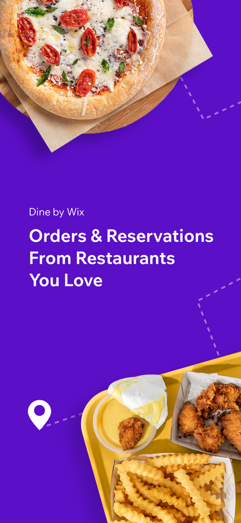 Dine by Wix - Schermata promozionale dell'app Dine by Wix che evidenzia ordini e prenotazioni di ristoranti con immagini di pizza e pollo fritto.