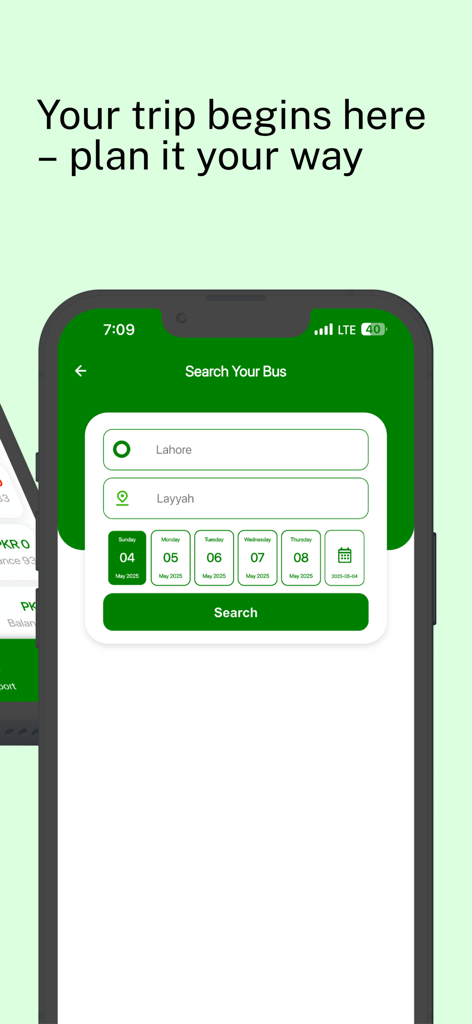 Baloch Transport - Search screen of the Baloch Transport app showing destination fields and a date picker for bus travel.