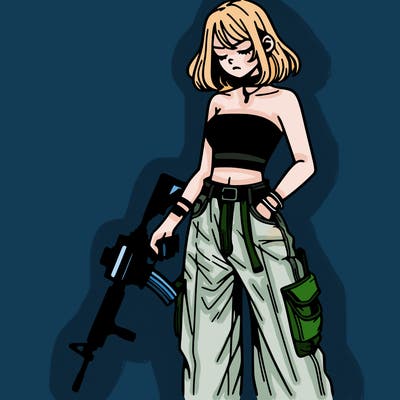 a dangerous girlcrop top and baggy jeans with a rifle in her hand