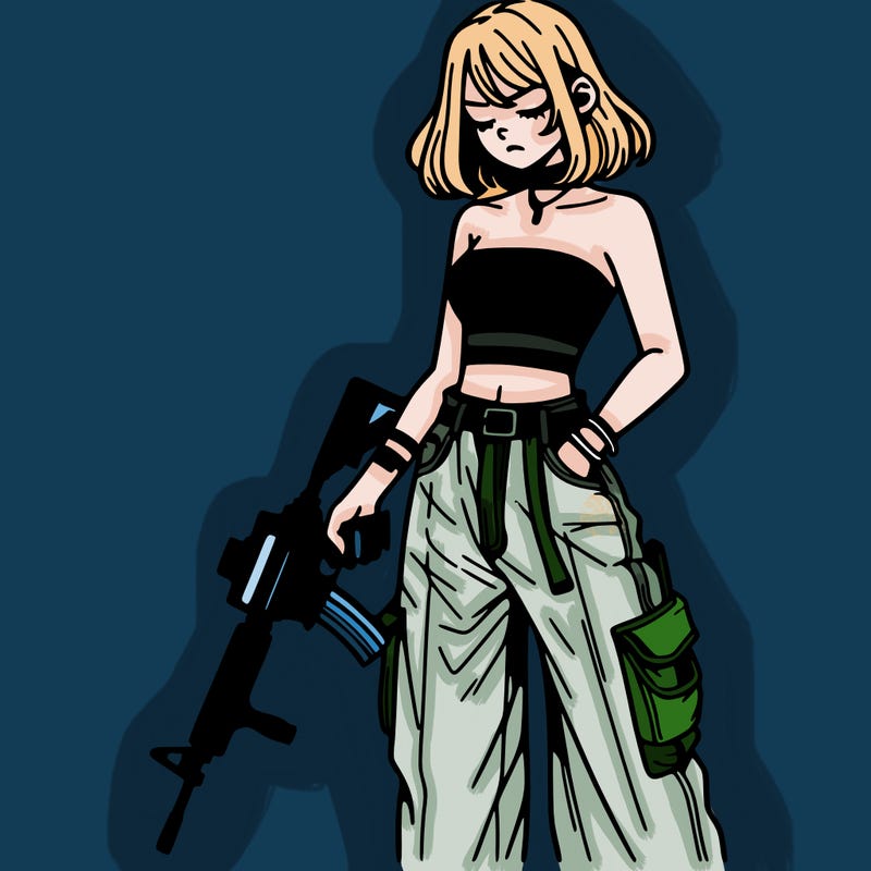 a dangerous girlcrop top and baggy jeans with a rifle in her hand