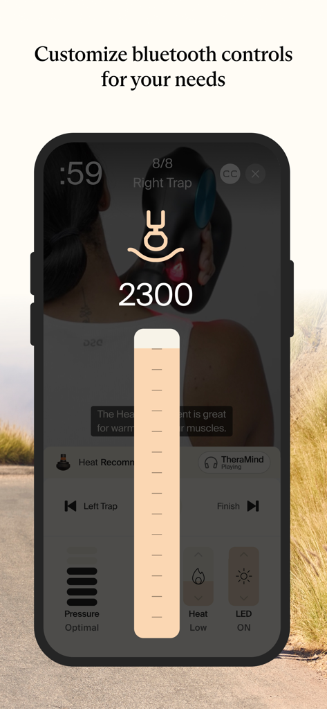 Therabody - Therabody app interface displaying custom Bluetooth controls for speed and heat settings on a Theragun