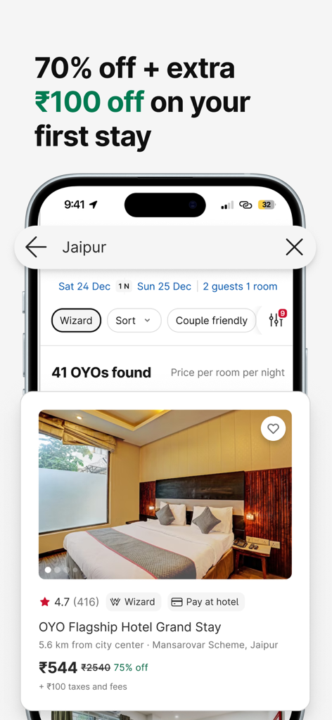 OYO: Hotel Booking App & Deals - OYOアプリのスクリーンショット。ジャイプルでの最初のホテル予約滞在で70％割引および追加割引が表示されています。