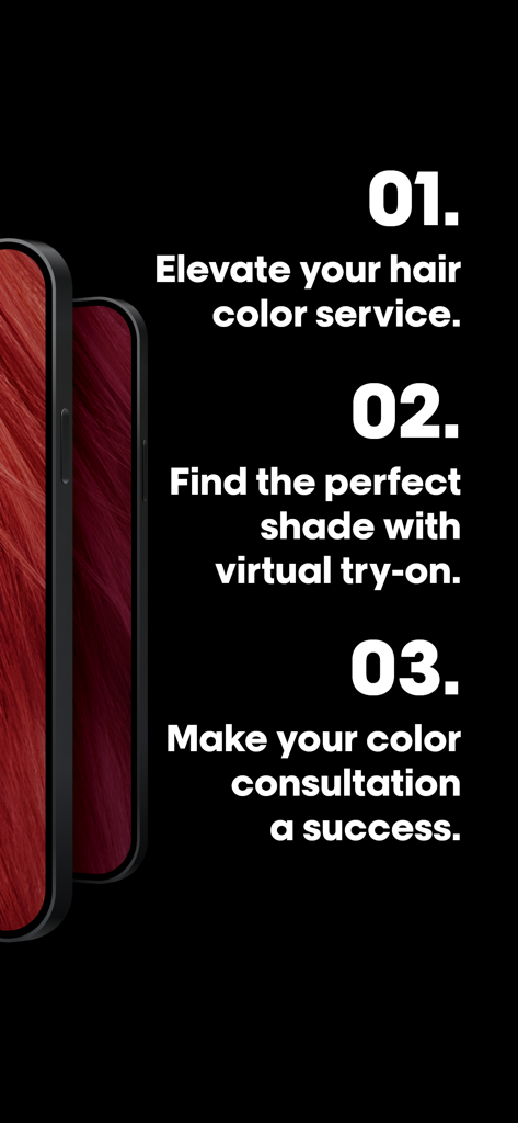 Funzionalità chiave dell'app My Hair iD, tra cui la prova virtuale e la consulenza sul colore professionale.