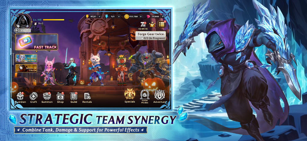 Pantalla del juego móvil Guild of Guardians que muestra un escuadrón de héroes en el lobby principal con texto resaltando la sinergia estratégica del equipo.