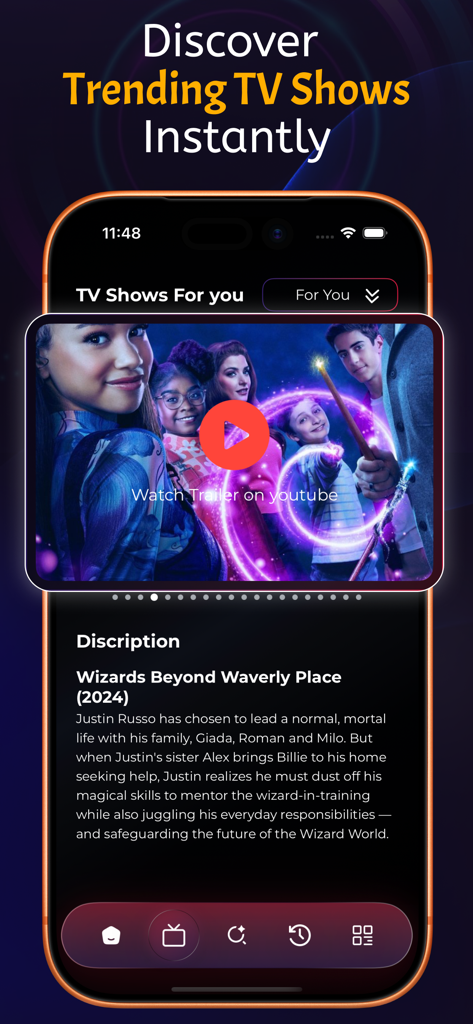 OnStream : TV shows & Movies - OnStream app screen showing trending TV shows and a description for Wizards Beyond Waverly Place.