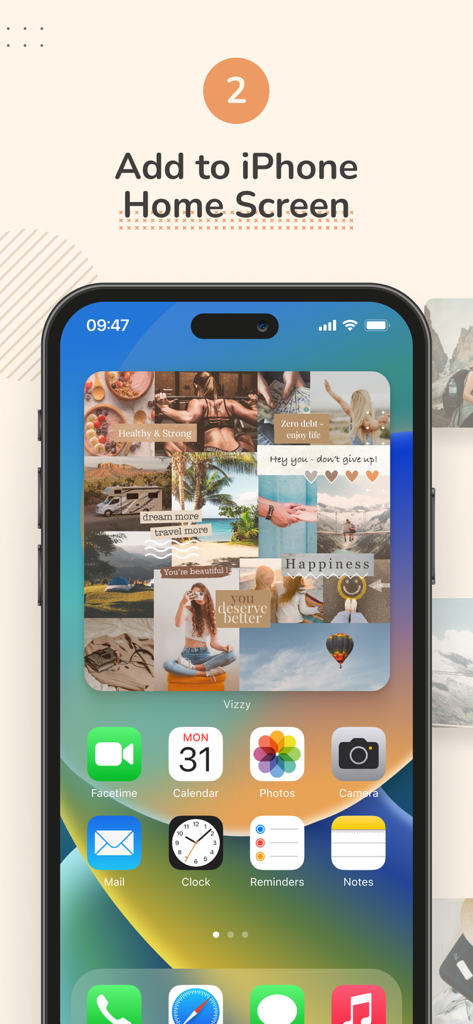 2026 Vision Board Maker Vizzy - Vision board widget on an iPhone home screen featuring fitness and travel goals.