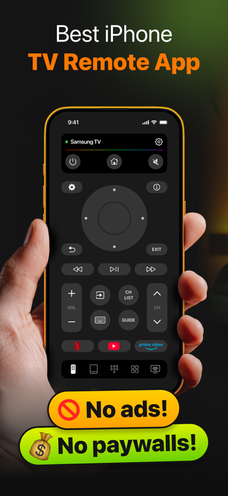 TVRem Universal TV Remote App - Interfaz de la aplicación de control remoto universal TVRem mostrada en un iPhone sin anuncios ni muros de pago