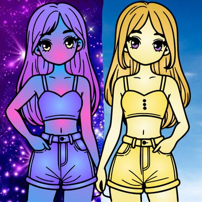 two sisters with crop tops and jean shorts and straight hair