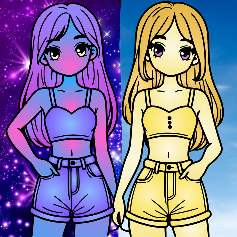 two sisters with crop tops and jean shorts and straight hair