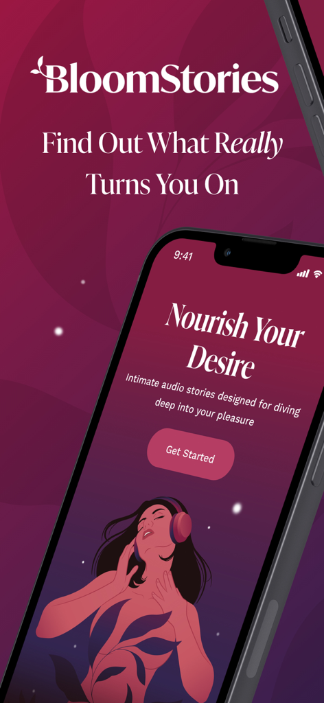 Bloom Stories app home screen with a Get Started button and an illustration of a woman listening to audio with headphones