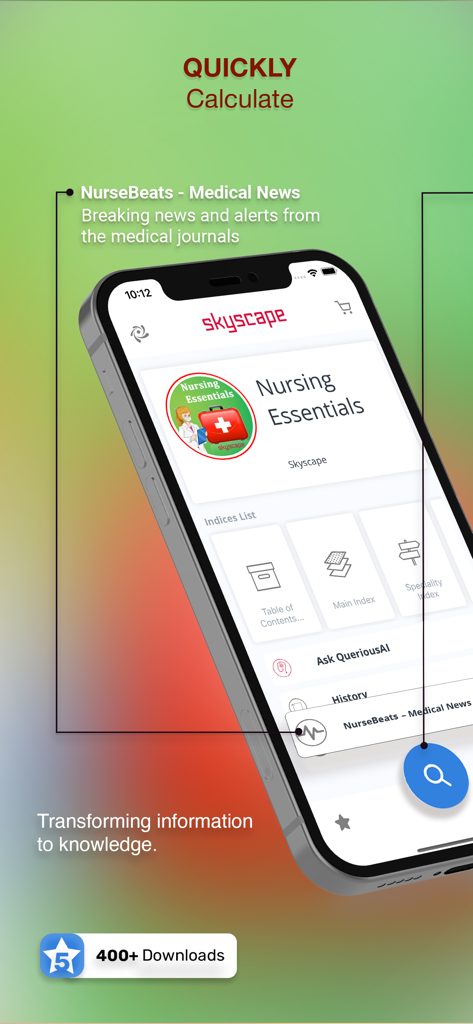 Interface of Nursing Essentials app on a smartphone showing the NurseBeats medical news alerts and clinical index list