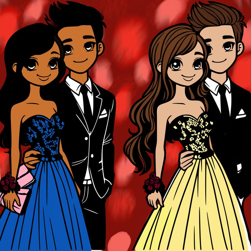 a boyfriend and girlfriend in prom outfits