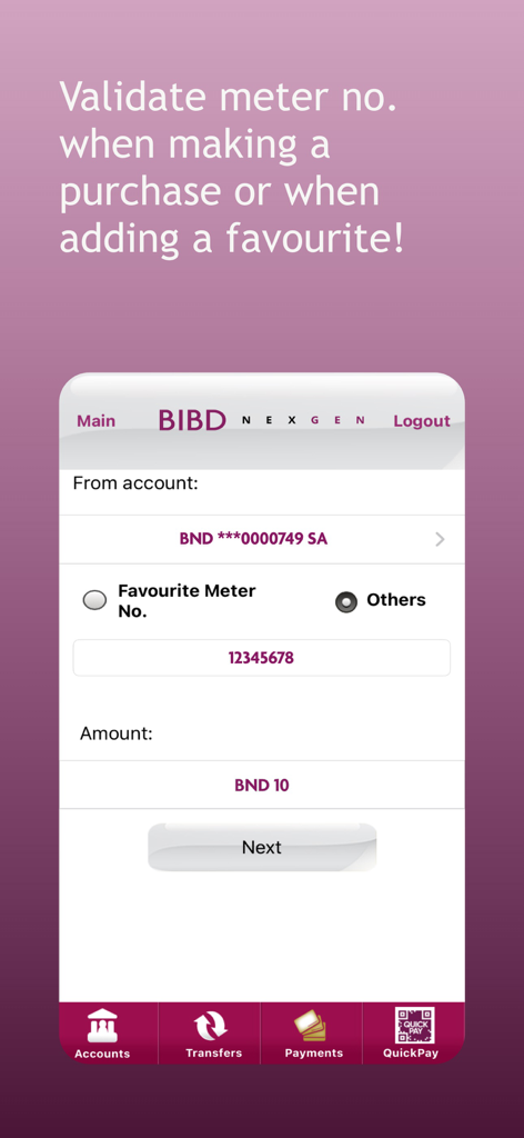 BIBD Mobile - BIBD Mobile screen for validating a utility meter number and entering payment amount