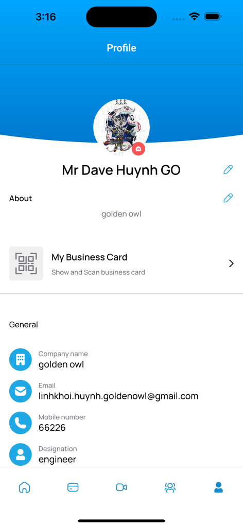 WAF App - User profile screen in the WAF App showing contact details and business card access