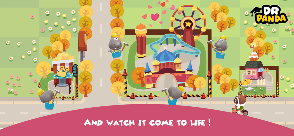 A colorful construction scene in Hoopa City where hippos build an amusement park and various buildings