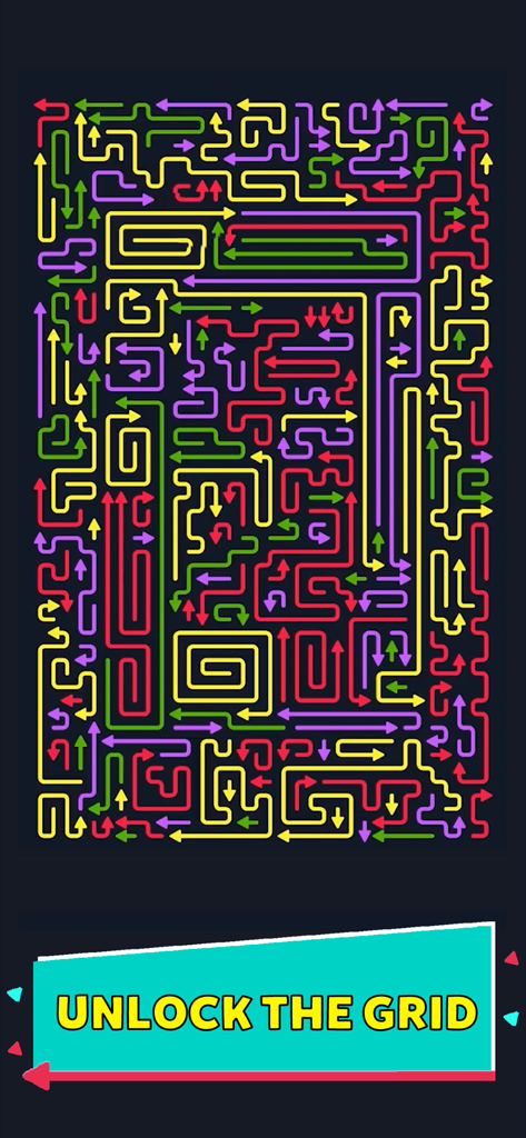 Arrowscapes - Arrows Puzzle - Una compleja cuadrícula de puzles de lógica con flechas coloridas sinuosas y el texto Desbloquea la Cuadrícula.