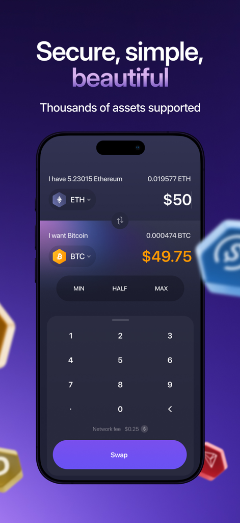 Exodus: Crypto Bitcoin Wallet - A sleek mobile interface for swapping Ethereum to Bitcoin in the Exodus crypto wallet app.