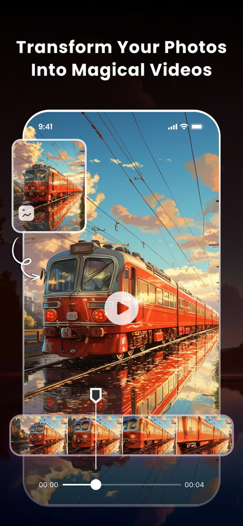 GoArt - AI Art Image Generator - Uma captura de tela do aplicativo GoArt mostrando uma imagem artística de um trem vermelho sendo transformada em vídeo com um editor de linha do tempo.