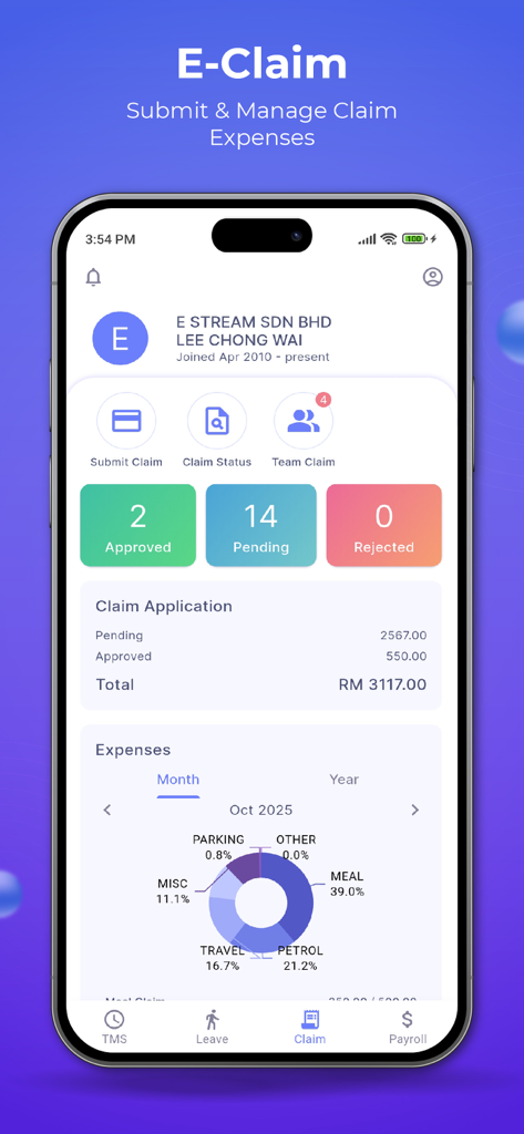 SQL HRMS - SQL HRMS mobile app interface for submitting and managing employee business claims with a visual expense pie chart