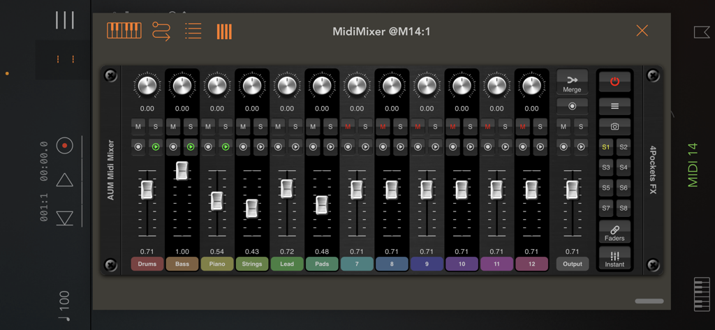 MidiMixer for AUM Auv3 Plugin - iOS音楽制作のためのフェーダーとスナップショットを備えた12チャンネルデジタルミキサーを示すAUM用MidiMixerのインターフェース。