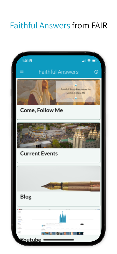 Faithful Answers - Pantalla principal de la aplicación Faithful Answers que muestra opciones de menú para el estudio Ven, Sígueme, eventos actuales y blog