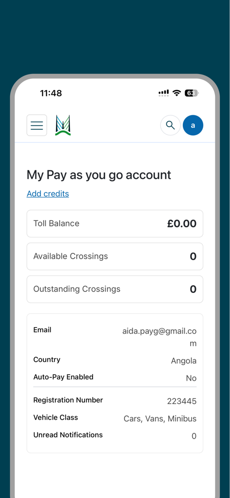 Merseyflow Quick Pay - Dashboard of Merseyflow Quick Pay app displaying pay as you go account balance and vehicle information