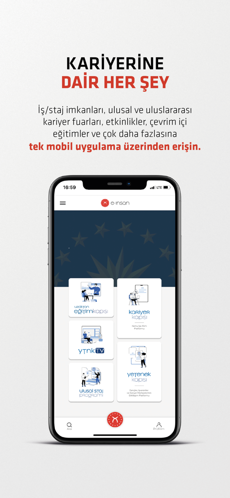 e-insan - Smartphone displaying the e-insan app dashboard featuring career and internship portals