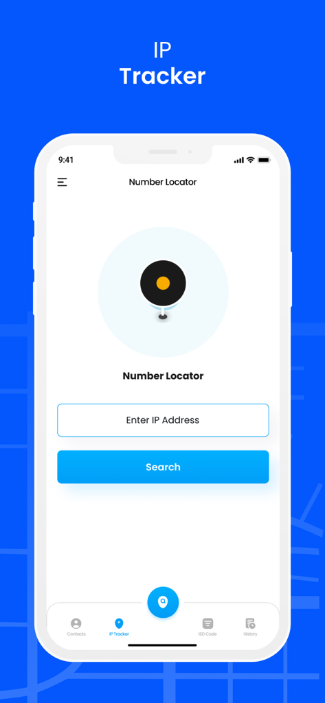 Interface of the IP tracker feature in the Phone Number Lookup app with a search bar and navigation menu
