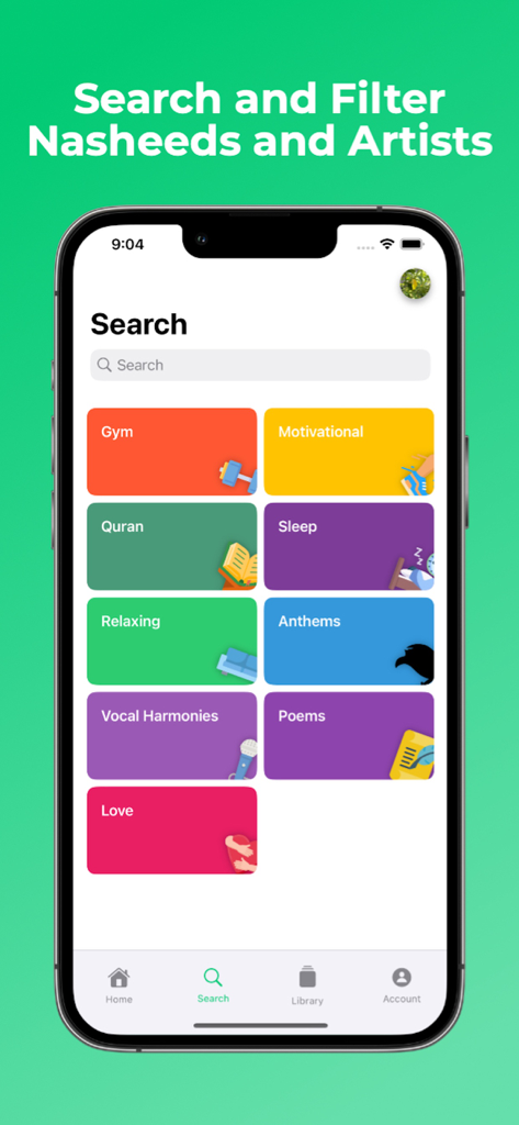 Nasheedify - 꾸란, 짐, 동기 부여, 수면과 같은 카테고리를 보여주는 Nasheedify 앱 검색 화면