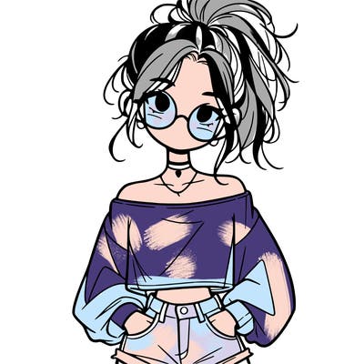 girl with a messy ponytail glasses a baggy crop top and jean shorts