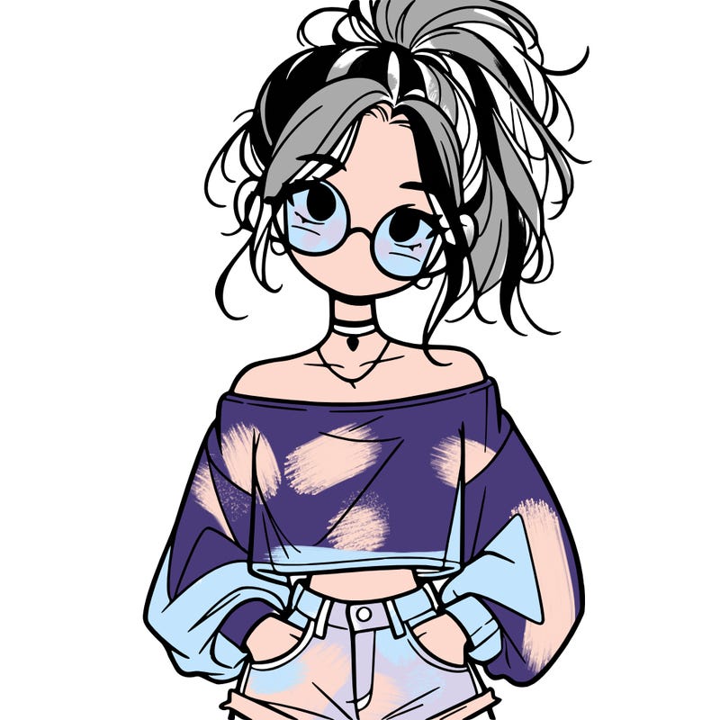 girl with a messy ponytail glasses a baggy crop top and jean shorts